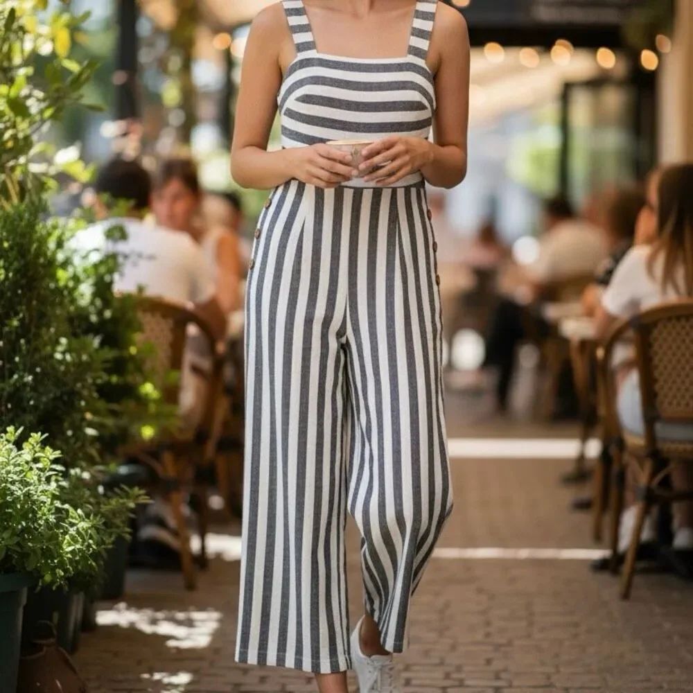 COAST Striped Linen Blend Wide-Leg Jumpsuit Navy Cream Women’s Large